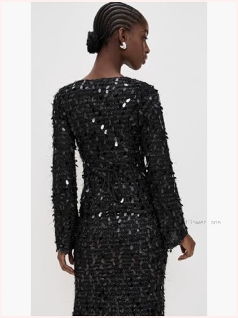 V-Neck Long Sleeve Sequin Blouse with Single-Button Placket and Back Ties - Picture 4 of 6